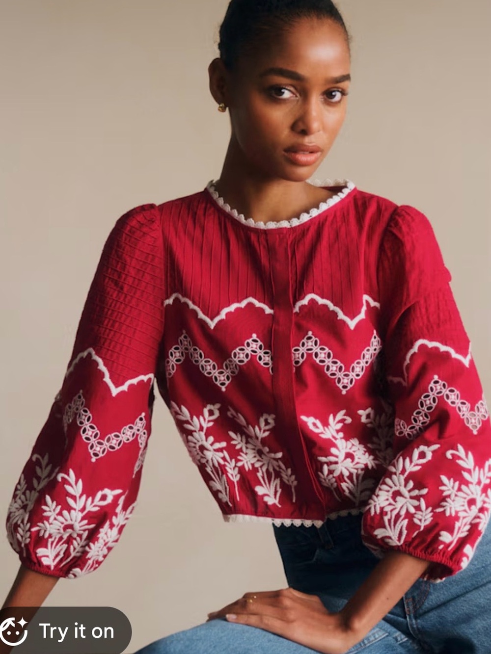 Sezane Red Embroidered Top